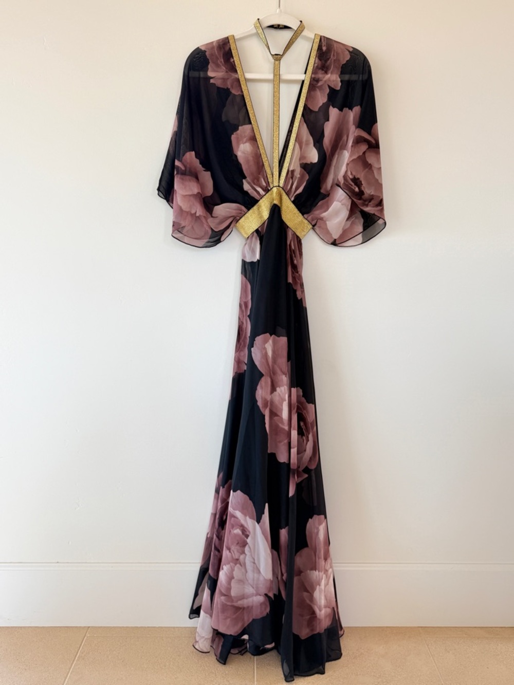 Jasmine Floral Chiffon Maxi Dress Black Pink Gold Empire Waist Size S - Picture 2 of 11